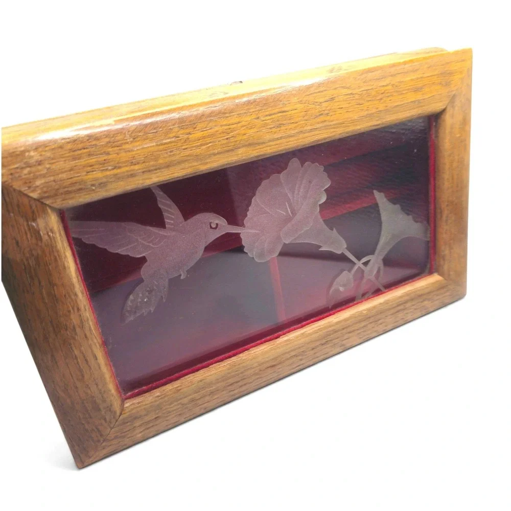 Willits Co. Wood & Humming Bird Etched Glass Jewelry Music Box Beautiful Dreamer